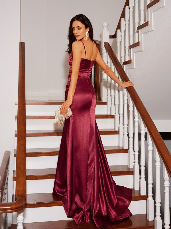 Cylindrical elastic woven satin pleated Italian spaghetti strap sleeveless brush style skirt