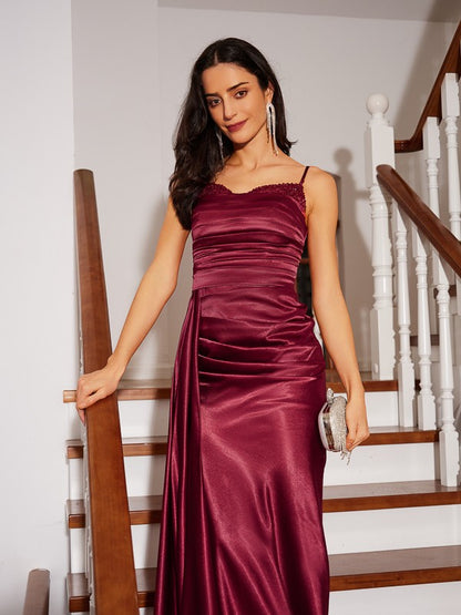Cylindrical elastic woven satin pleated Italian spaghetti strap sleeveless brush style skirt