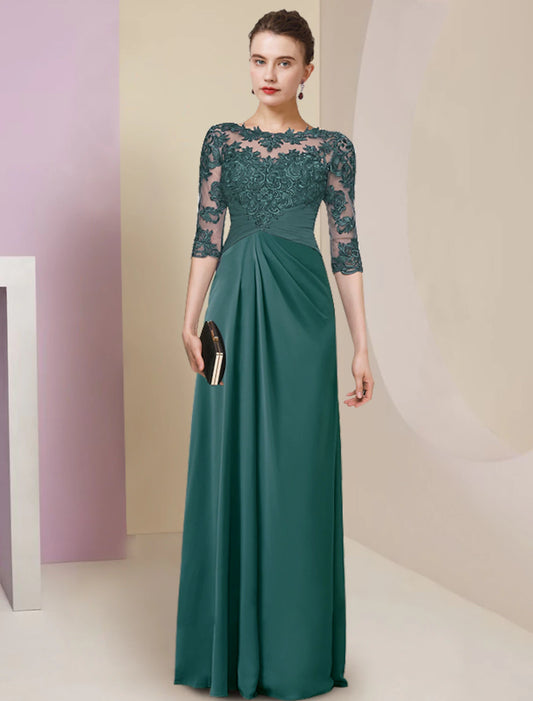 Set column bride mother dress elegant, simple and generous jewelry collar and floor length chiffon lace half sleeve pleated solid color