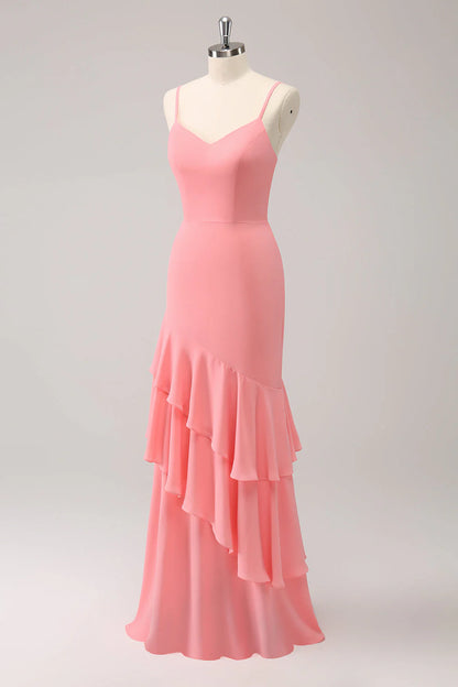 Mermaid Spaghetti Straps Long Bridesmaid Dress with Ruffles