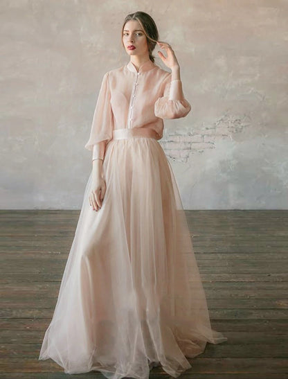 Two piece party dress minimalist wedding guests elegant and elegant dinner birthday dress stand up collar long sleeves and floor chiffon layers