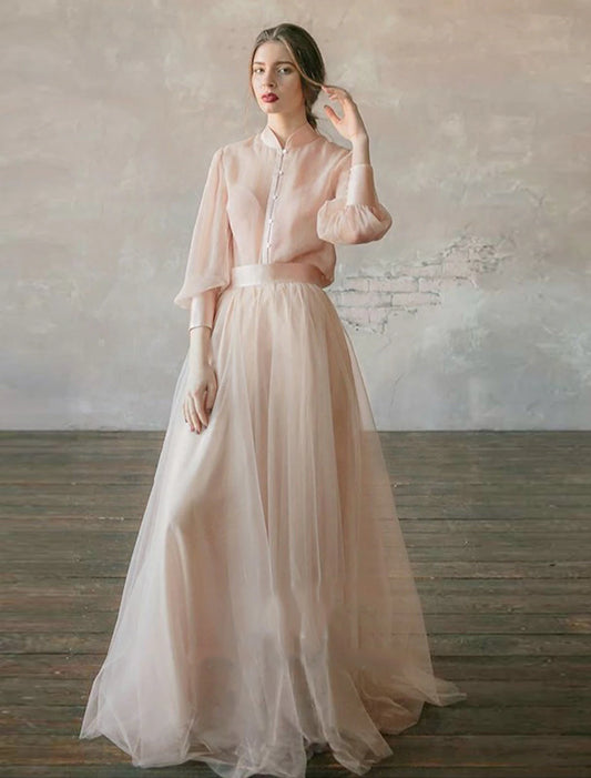 Two piece party dress minimalist wedding guests elegant and elegant dinner birthday dress stand up collar long sleeves and floor chiffon layers