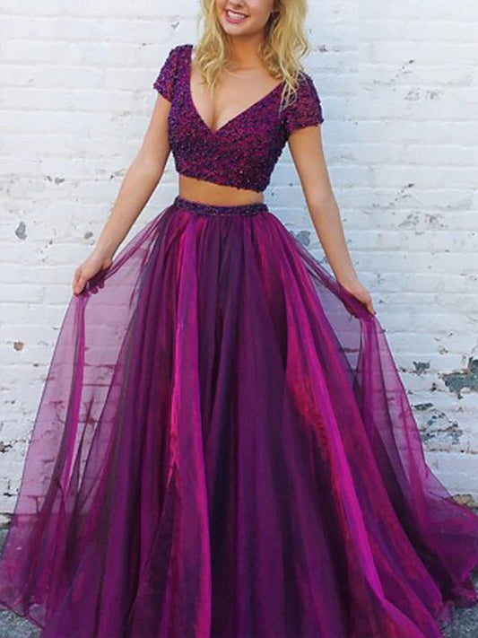 Princess V-neck short sleeved floor mop rolled edge sheer two-piece dress