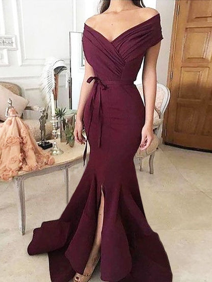 Loudspeaked Mermaid Off the Shoulder Sleeveless Floor Draping Elastic Crepe Dress