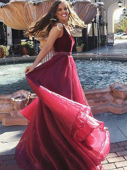 A-line Princess V-neck Sleeveless Floor Sweeping Curled Organza Dress