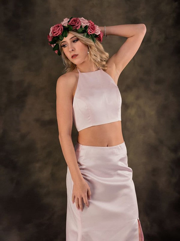 A-line Princess Satin Ruffle Edge Sleeveless Bra Set Two Piece Dress