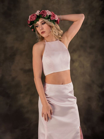 A-line Princess Satin Ruffle Edge Sleeveless Bra Set Two Piece Dress