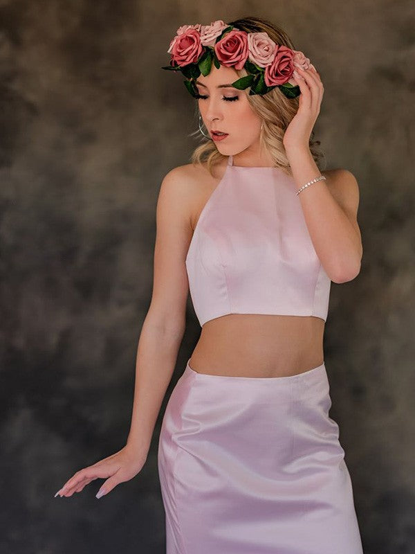 A-line Princess Satin Ruffle Edge Sleeveless Bra Set Two Piece Dress