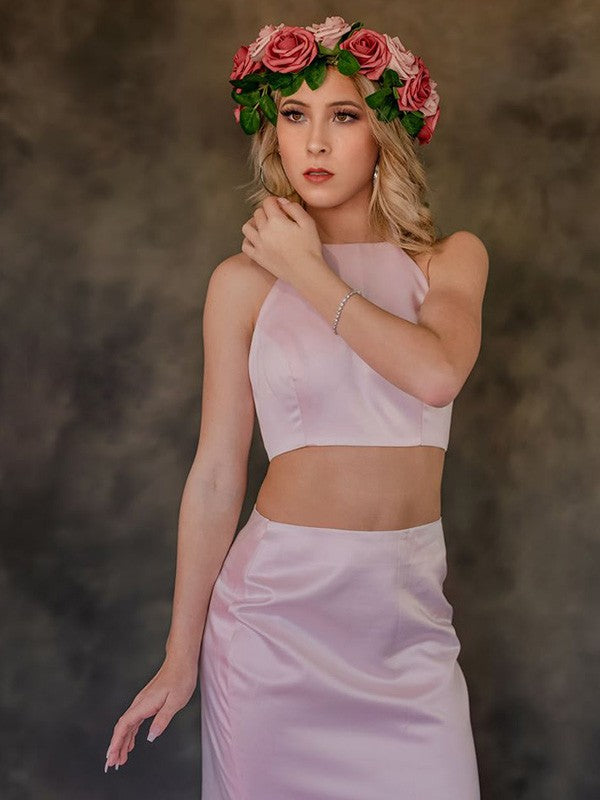 A-line Princess Satin Ruffle Edge Sleeveless Bra Set Two Piece Dress
