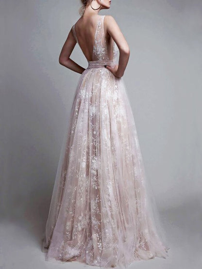 A-line sexy princess V-neck floor mopping sheer sleeveless decal dress