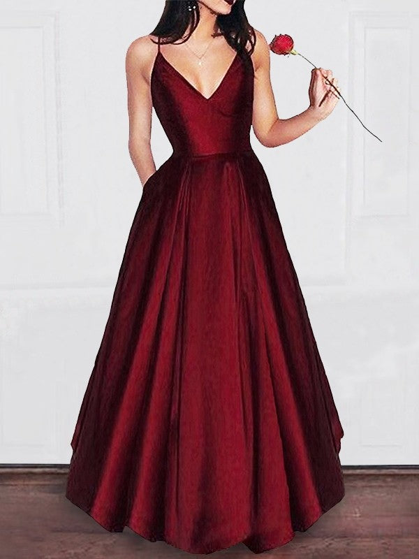 A-line Elegant Princess V-Neck Floor Sweeping Ruffle Edge Satin Dress