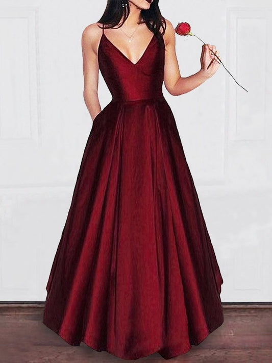 A-line Elegant Princess V-Neck Floor Sweeping Ruffle Edge Satin Dress
