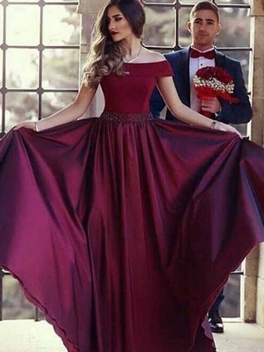 A-line skirt princess sexy off the shoulder short sleeved strapless pleated satin dress