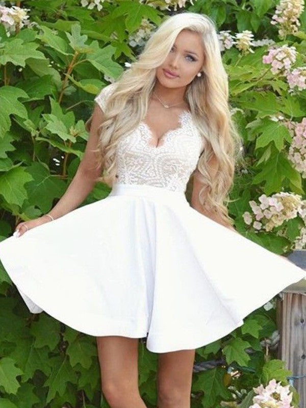 A-line elegant princess V-neck lace satin short sleeved mini dress