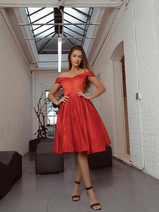 A-line beautiful and elegant princess pleated off shoulder satin sleeveless knee length dress