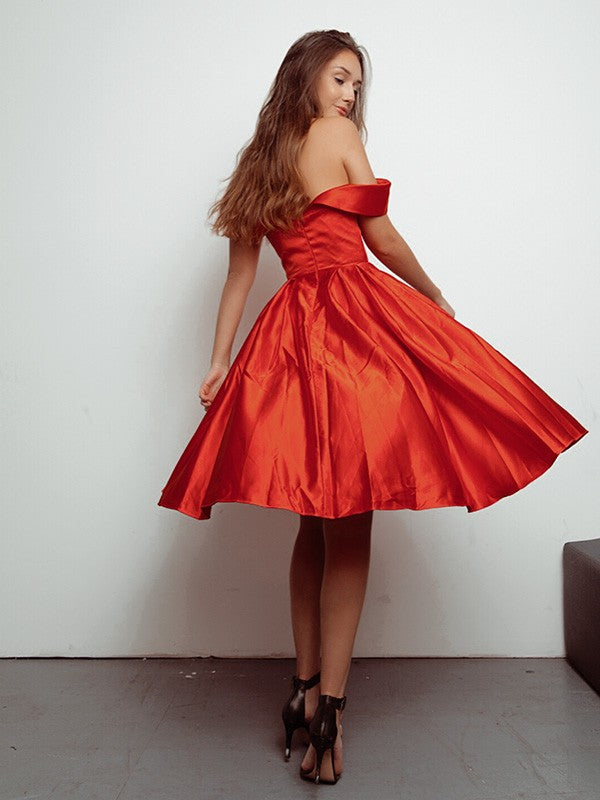 A-line beautiful and elegant princess pleated off shoulder satin sleeveless knee length dress