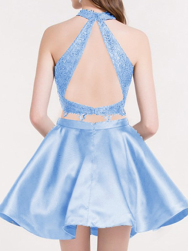 A-line Princess Style Satin Lace Sleeveless Off Shoulder Short Dress