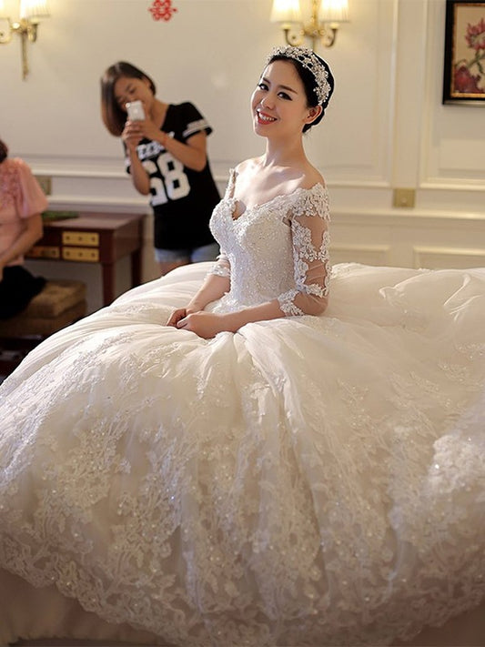 Sexy Off Shoulder Mid Sleeve Beaded Tulle Wedding Dress