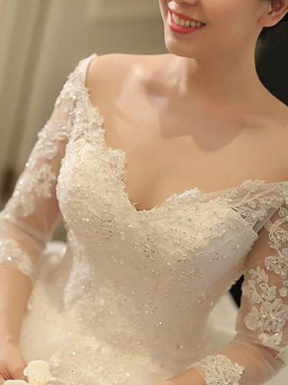 Sexy Off Shoulder Mid Sleeve Beaded Tulle Wedding Dress