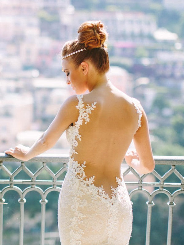 Small Slim Fit Mermaid Sleeveless Sweetheart Italian Noodle Strap Palace Dress with Lace Sheer Wedding Dress