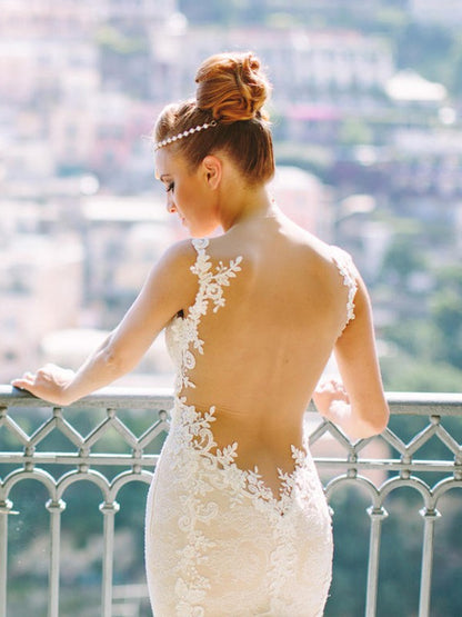Small Slim Fit Mermaid Sleeveless Sweetheart Italian Noodle Strap Palace Dress with Lace Sheer Wedding Dress