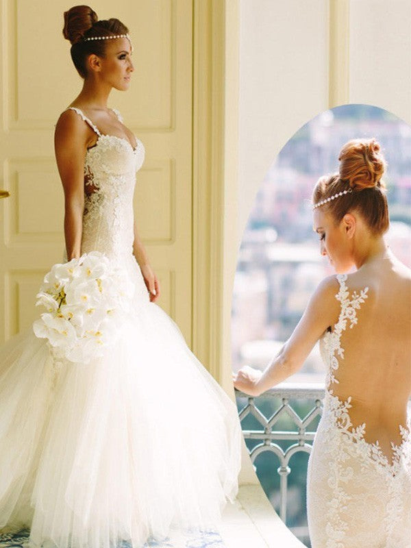 Small Slim Fit Mermaid Sleeveless Sweetheart Italian Noodle Strap Palace Dress with Lace Sheer Wedding Dress