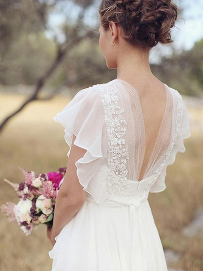 A Sweet Princess Chiffon V-neck Pleated Short Sleeve Floor Sweeping Wedding Dress