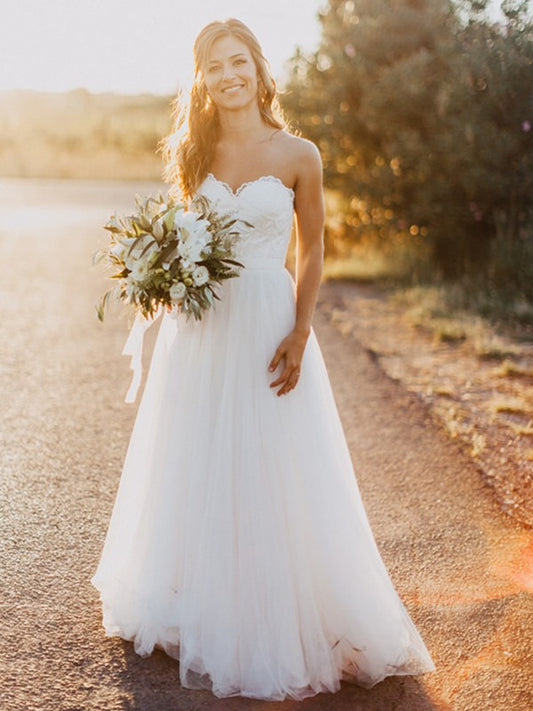 A-line Princess Sweet Sheep Pleated Sleeveless Floor Sweeping Formal Wedding Dress