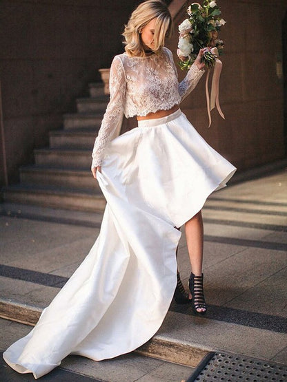 A-line Sweet Princess Satin Lace Bra Long Sleeve Bra Two Piece Wedding Dress