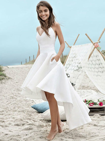 A-line sexy princess satin pleated sleeveless Italian spaghetti strap asymmetrical wedding dress