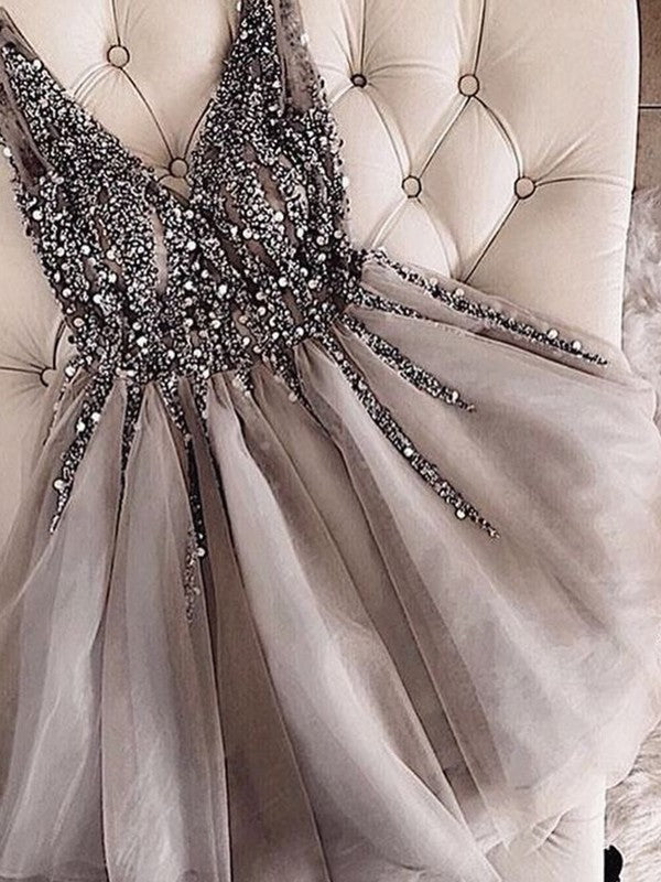 A-line Princess Sexy Sleeveless V-neck sheer sequin mini skirt