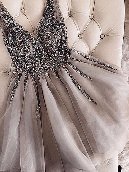 A-line Princess Sexy Sleeveless V-neck sheer sequin mini skirt