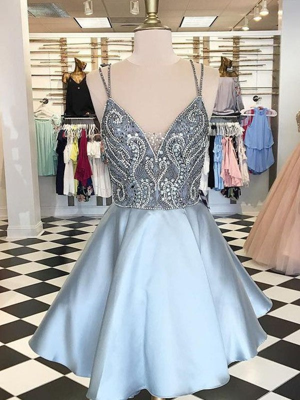 A-line Princess Sleeveless Italian Noodle Strap Satin Beaded Mini Dress