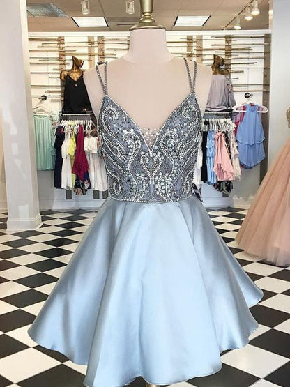 A-line Princess Sleeveless Italian Noodle Strap Satin Beaded Mini Dress