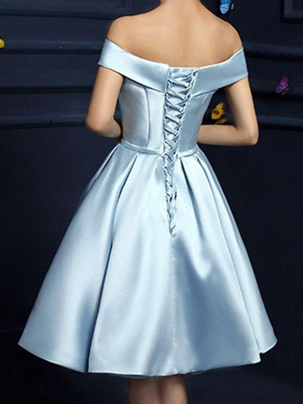 A-line Princess Satin Sexy Off Shoulder Bow Sleeveless Knee Length Dress