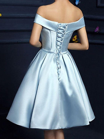 A-line Princess Satin Sexy Off Shoulder Bow Sleeveless Knee Length Dress