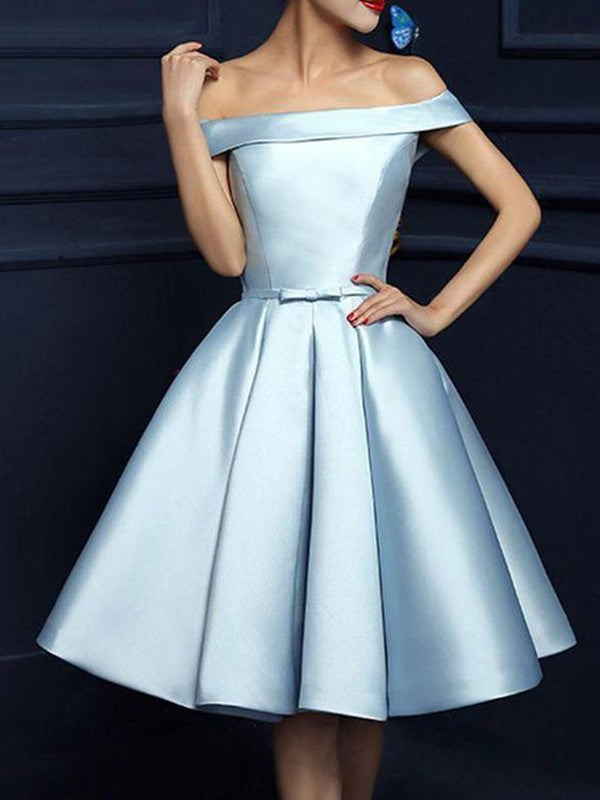 A-line Princess Satin Sexy Off Shoulder Bow Sleeveless Knee Length Dress