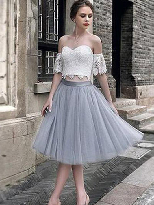A-line Sweet Princess Lace Sweetheart Tulle Sleeveless Tea Long Two Piece Dress
