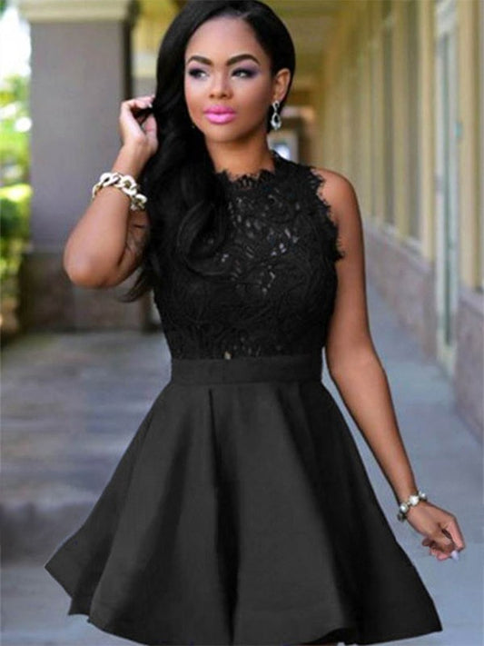 A-line Jewelry Short Lace Satin Black Back to School Dress