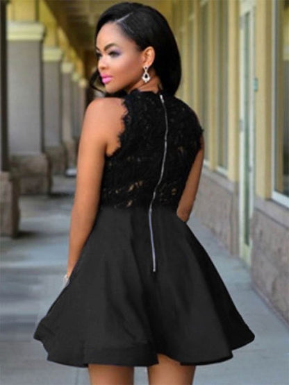 A-line Jewelry Short Lace Satin Black Back to School Dress