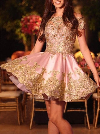 A-line sexy off the shoulder short satin back to school dance dress