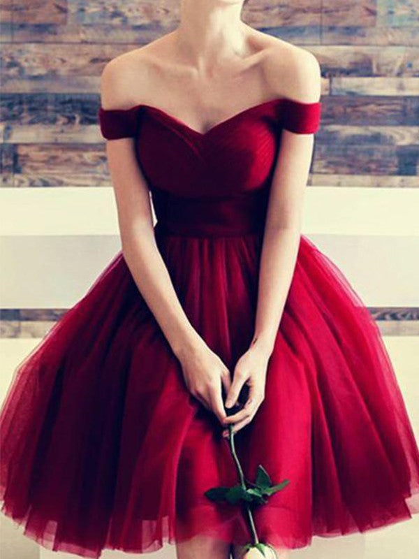 A-line sexy off the shoulder short style paired with ruffled edge chiffon red back to school dress