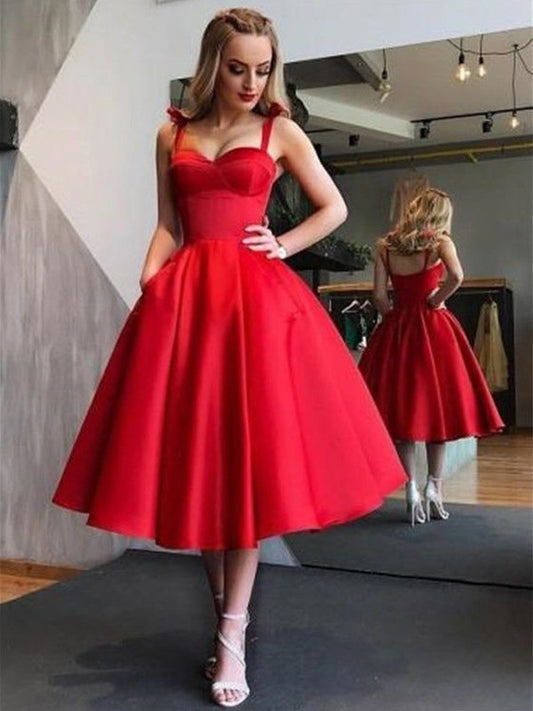 A-line elegant princess strap satin sleeveless ruffled tea long dress
