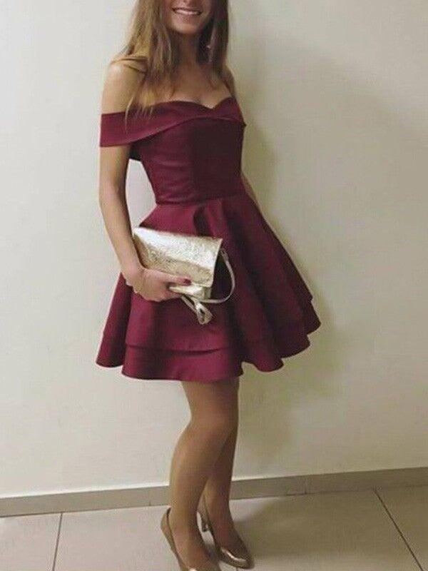 A-line Princess Sleeveless Sexy Off Shoulder Satin Multi layered Short Skirt Mini Dress