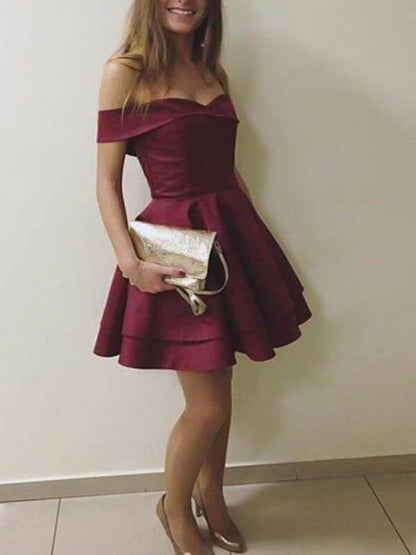 A-line Princess Sleeveless Sexy Off Shoulder Satin Multi layered Short Skirt Mini Dress