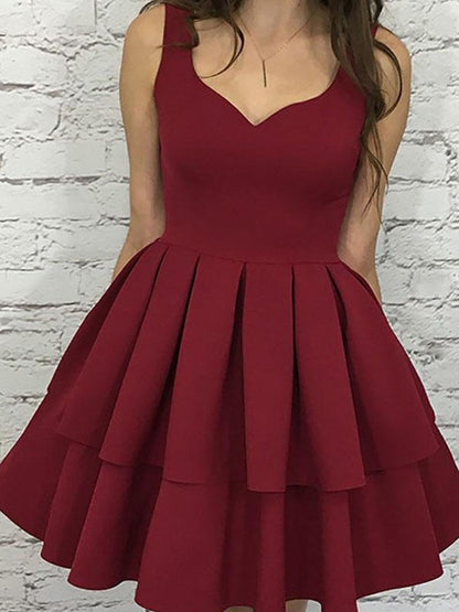 A-line Sweet Princess Sleeveless Strap Satin Layer Short Mini Dress