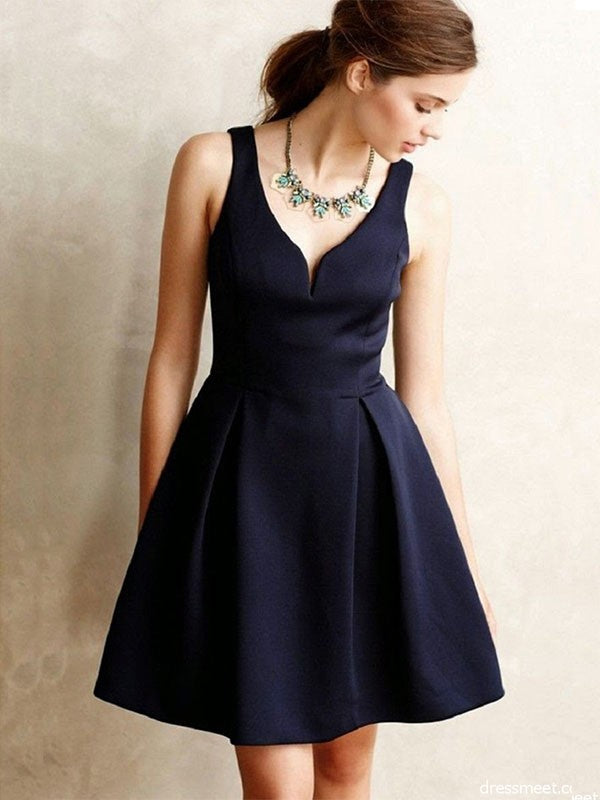 A-line knee length princess satin sleeveless short/mini ruffled V-neck dress