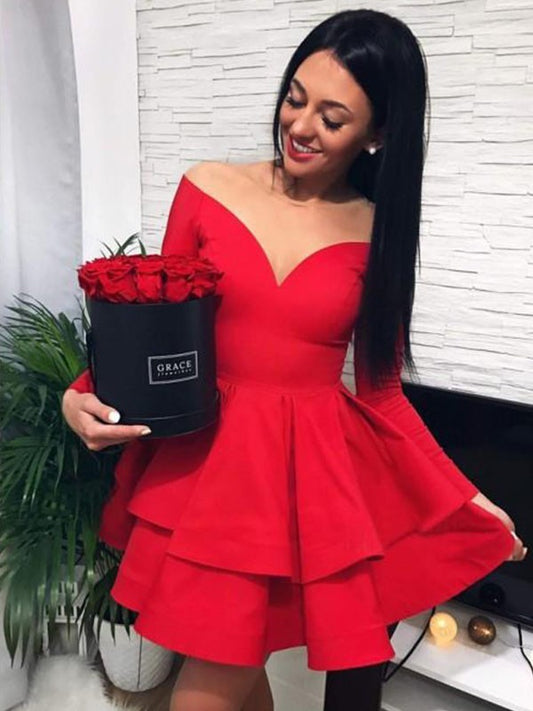 A-line Princess Elastic Round Neck Off Shoulder Ruffle Edge Long Sleeve Mini Dress