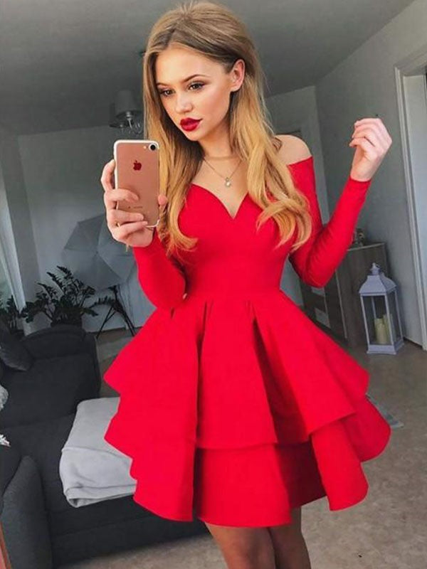 A-line Princess Elastic Round Neck Off Shoulder Ruffle Edge Long Sleeve Mini Dress