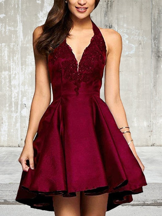 A-line Princess Satin Lace Sexy V-neck Sleeveless Short Mini Dress